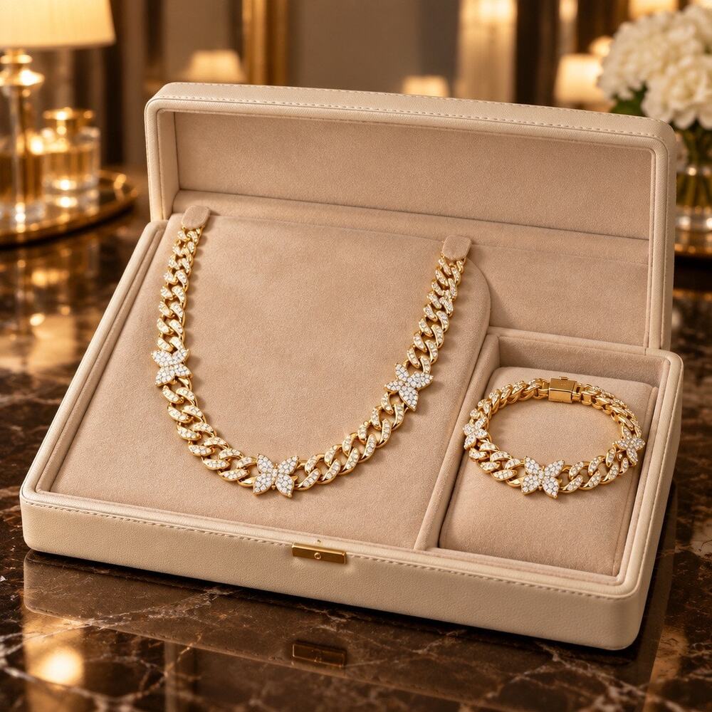 Vintage Gold Iced Out Cuban Link Chain Set